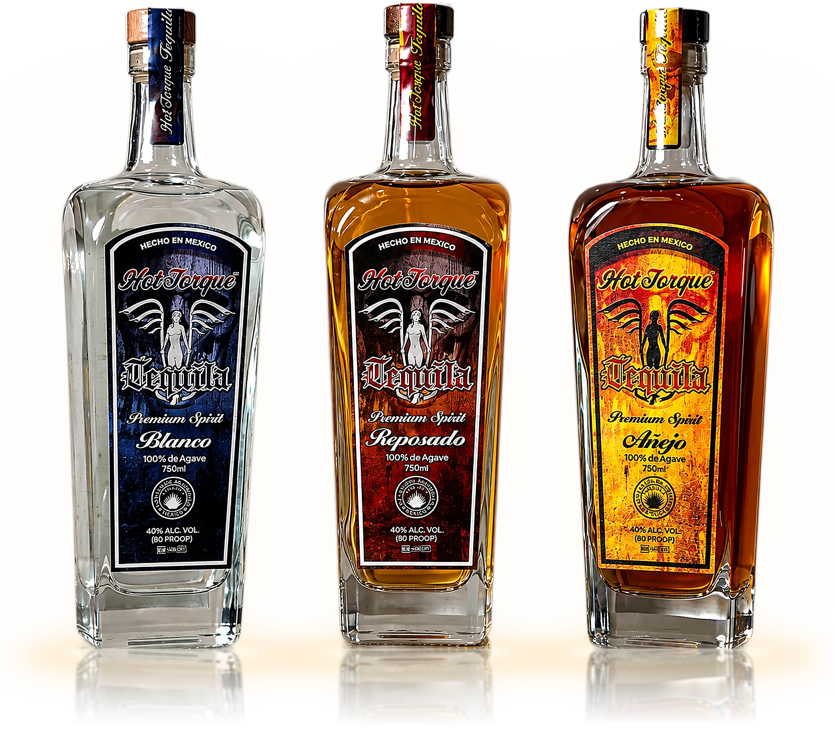 HotTorque Tequila Blanco, Reposado and Añejo bottles on a black marble bench