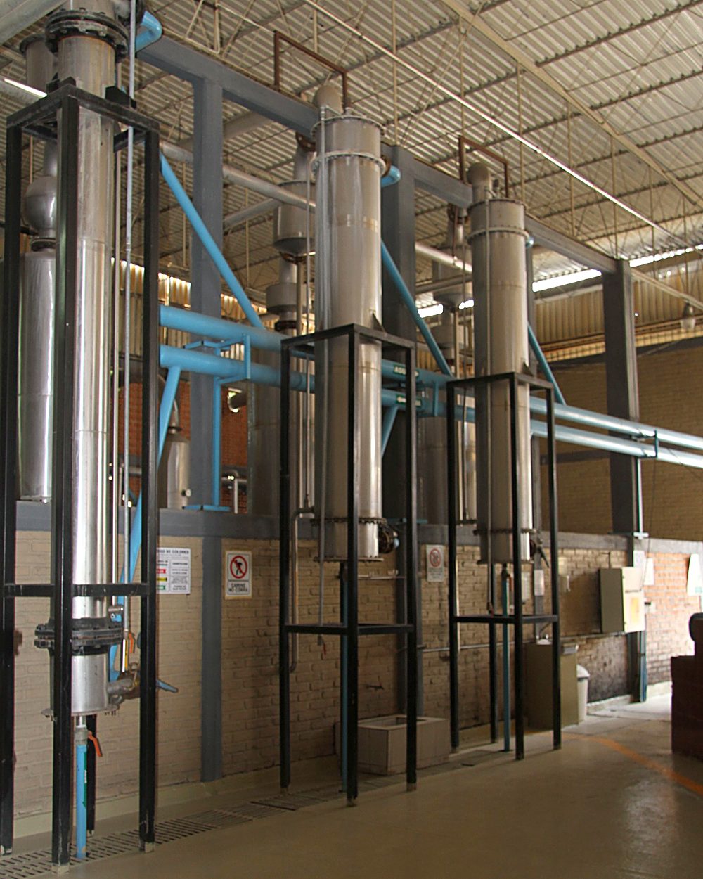 Stainless steel distillation columns at the distillery